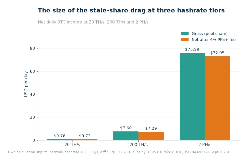 Bar chart of gross and net daily mining income at 20 TH/s, 200 TH/s and 2 PH/s